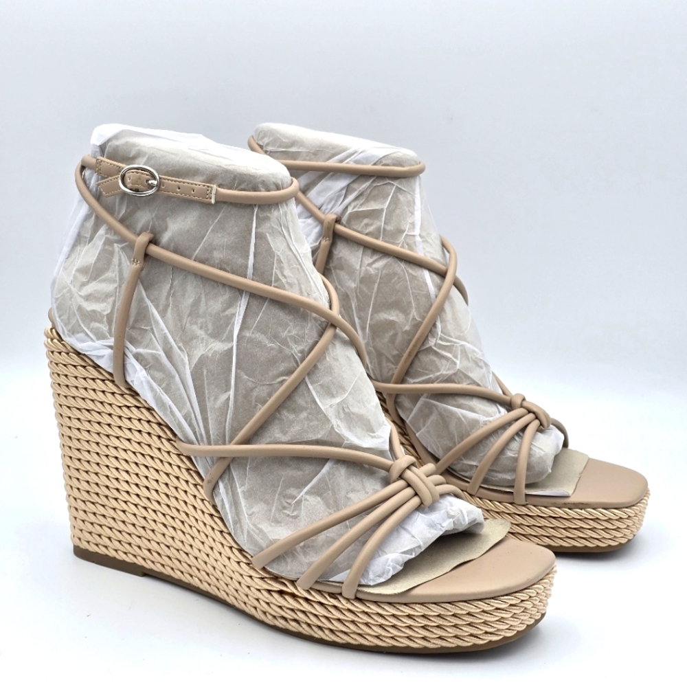 NWOT Marc Fisher Zarah Faux Leather Strappy Wedge Heels, Lite Latte 110, Sz. 11M